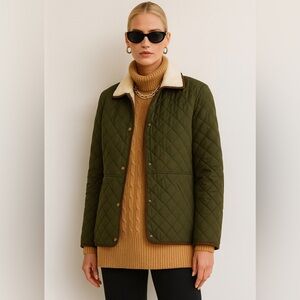 Ralph Lauren Litchfield Loden Quilted Coat Faux Sherpa Collar Olive Green Size M